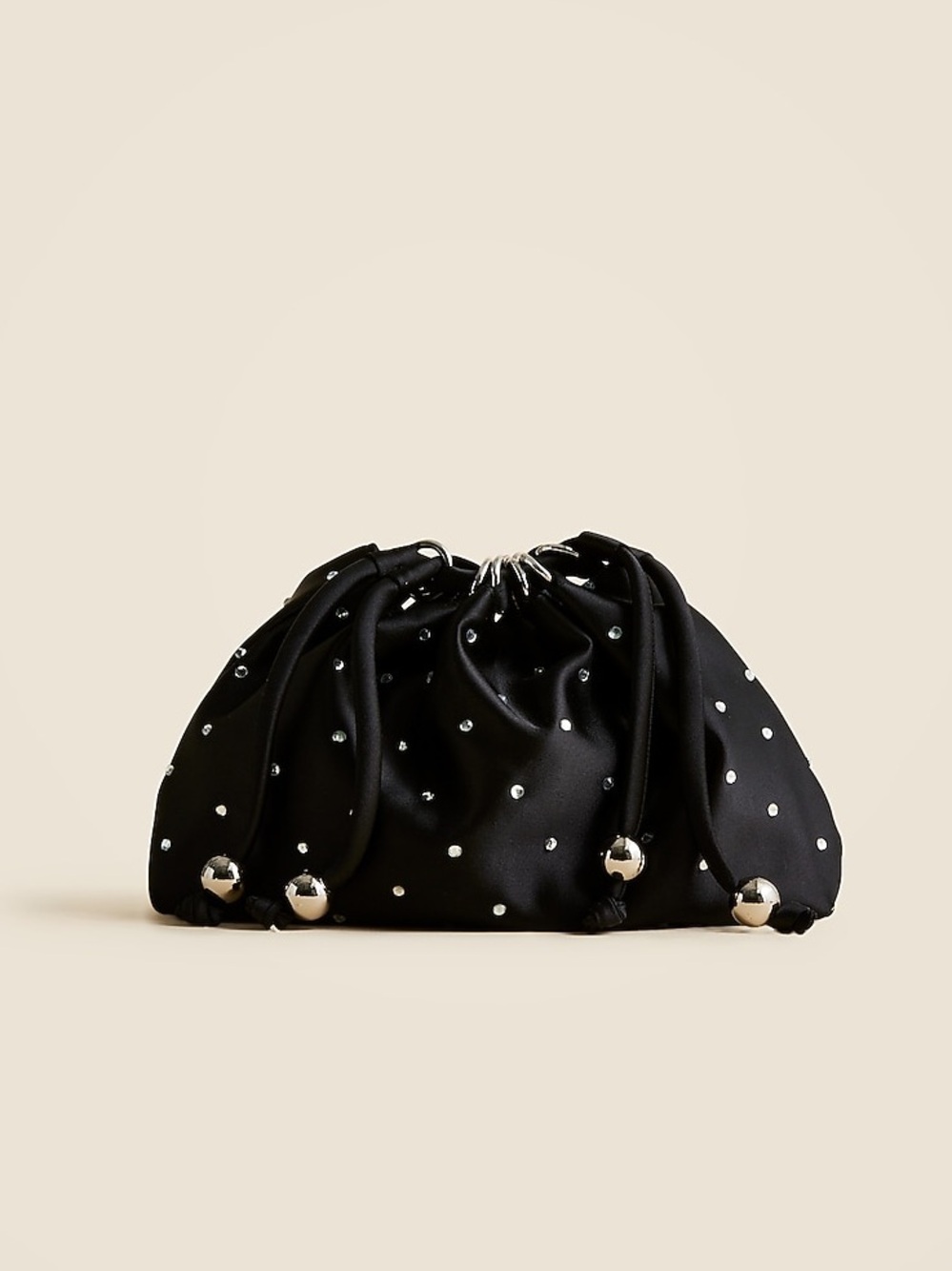 J Crew Drawstring Pouch Bag Crystal Embellished Black Satin Missing Silver Strap